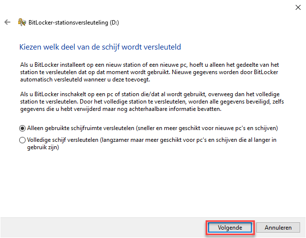 alleen gebruikte schijfruimte versleutelen