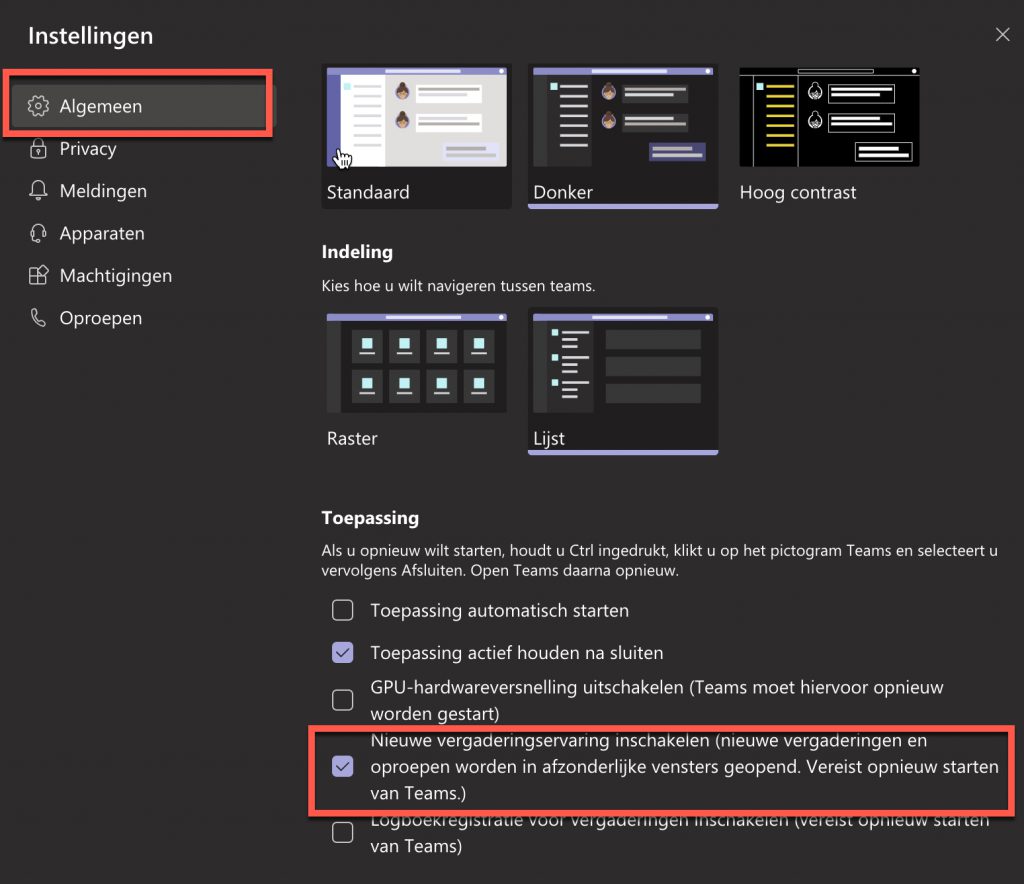 optie Nieuwe vergaderingservaring inschakelen…… controleren